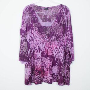 Faded Glory Womens Floral Babydoll Top Size 2X Embellished‎ Purple Whimsigoth